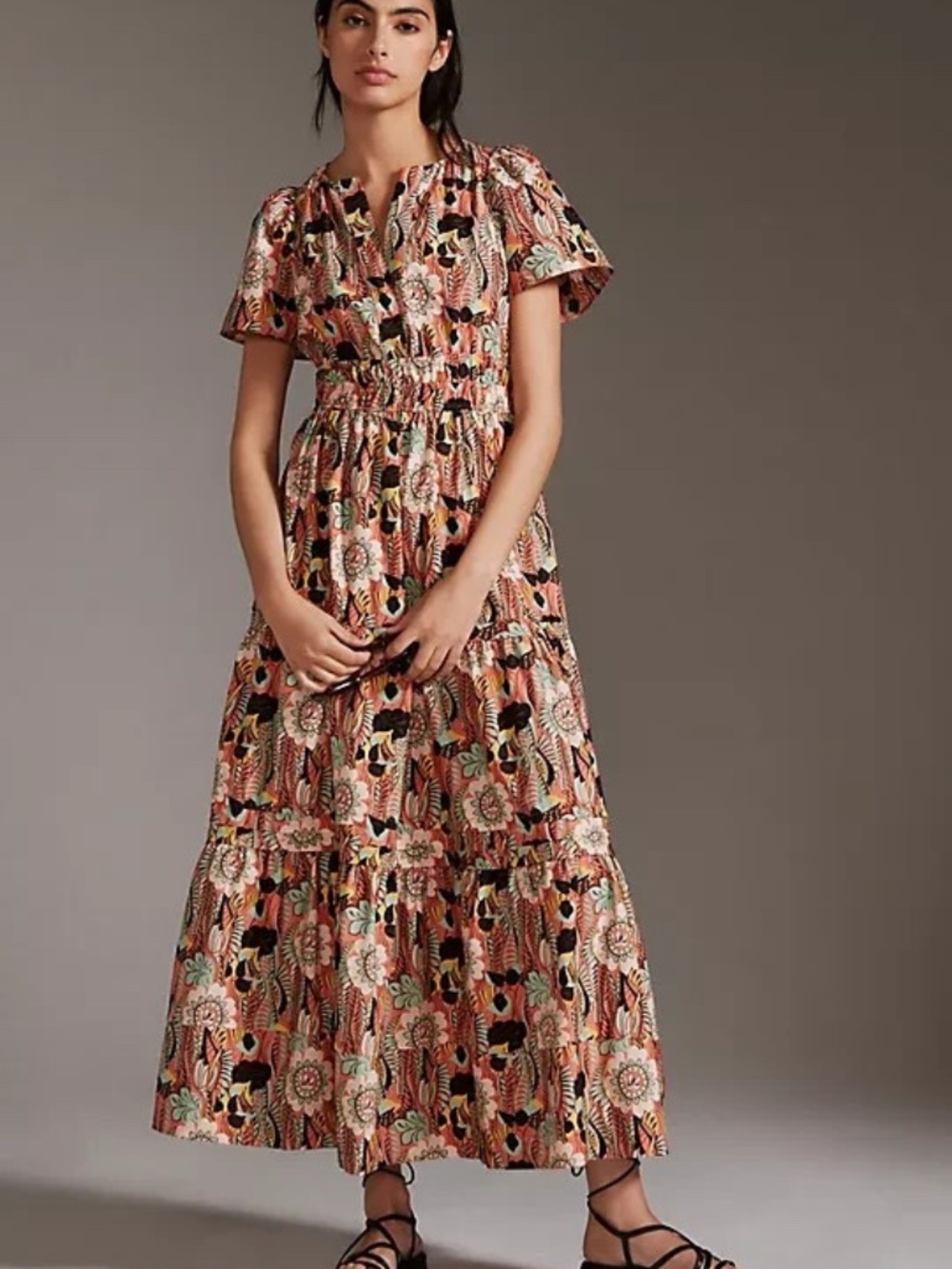 Maeve Anthropologie Somerset Cotton Maxi Dress XXS Tiered Smocked Coral Pockets